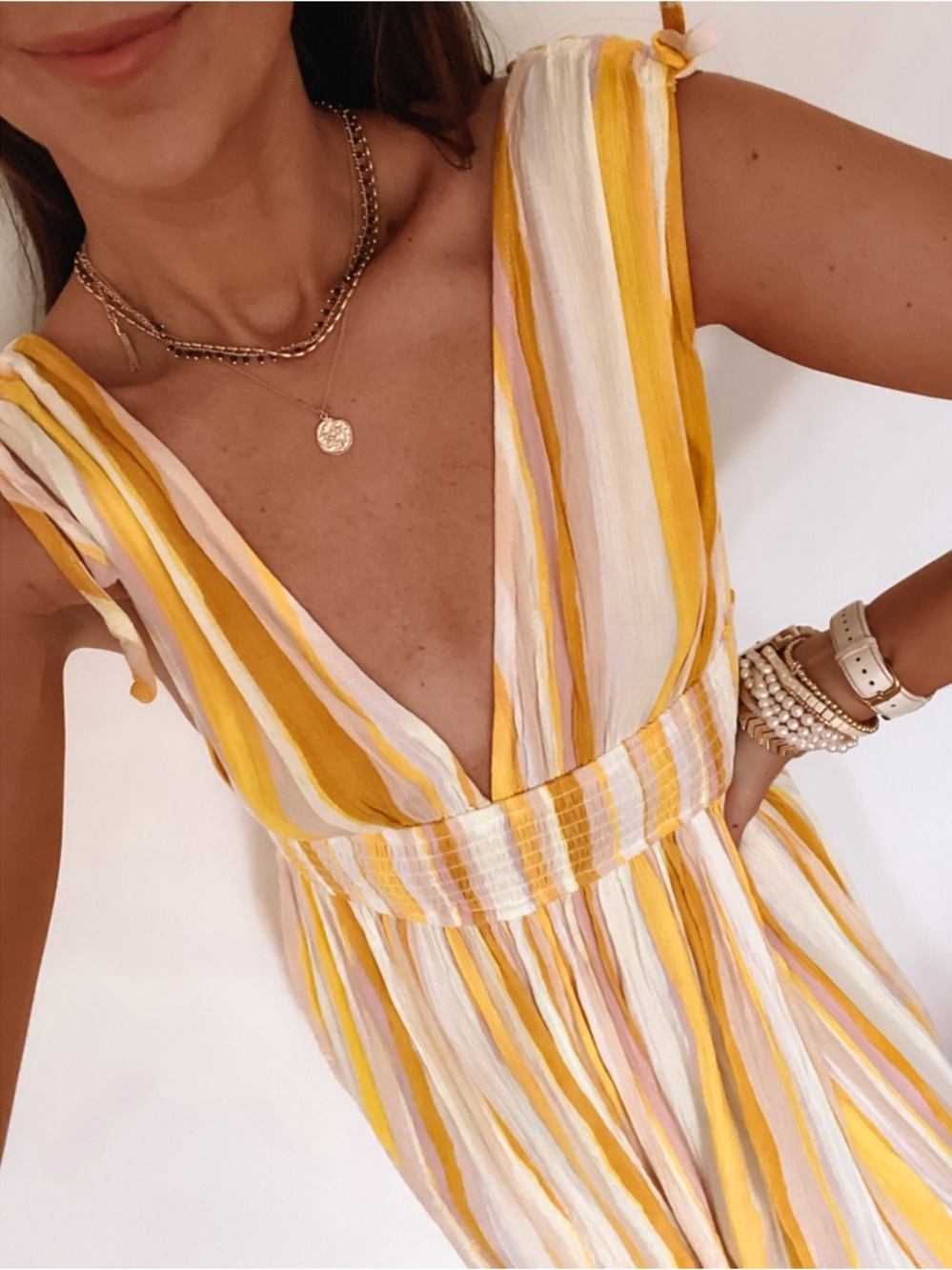 Forever 21 Yellow, White & Pink Striped V-Neck Maxi Dress